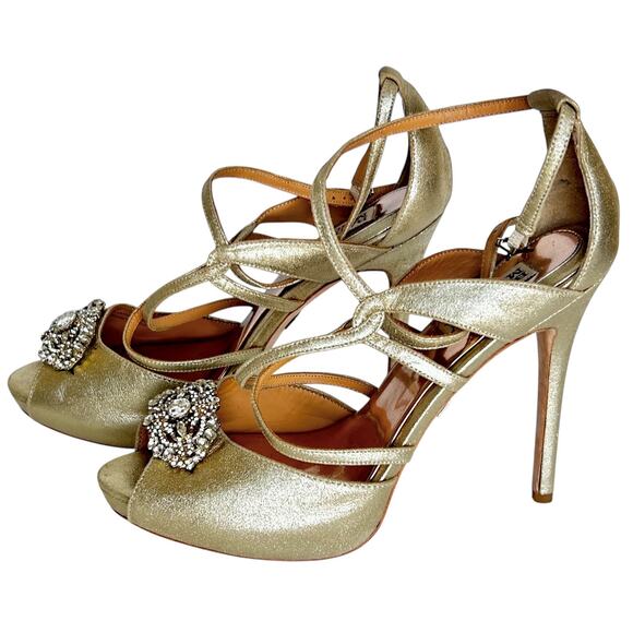 BADGLEY MISCHKA Shimmer Gold FISHER II Rhinestone Heeled Sandals Sz 9 - Picture 1 of 9